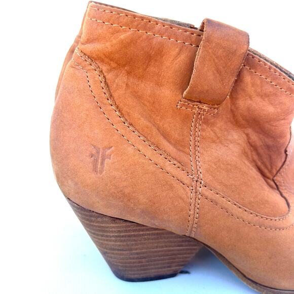 Frye Reina Leather Booties Camel Tan Heeled 7.5 Western Cowgirl Ankle Boots - Picture 4 of 13